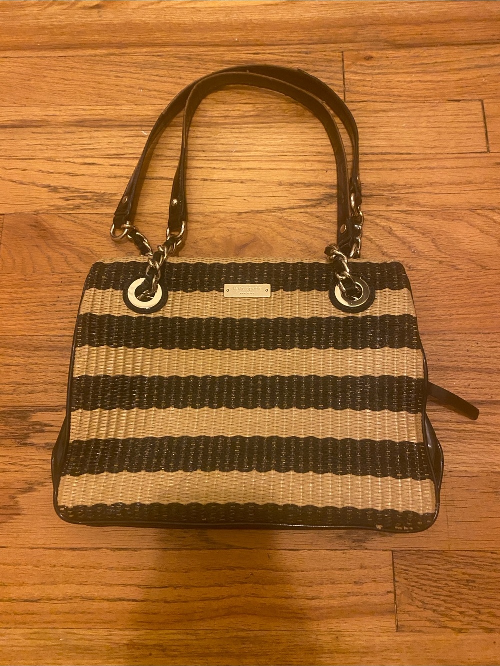 kate spade Black and Cream Striped Woven Shoulder Bag